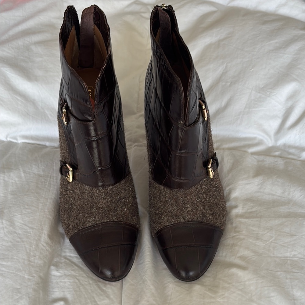 Coach Brown Ankle Boots w tweed and treated animal texture leather .